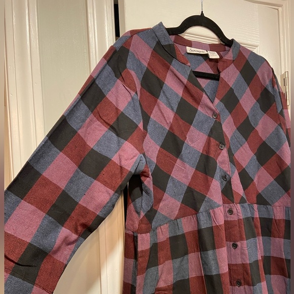 NWOT Serengeti Size L Long Sleeve Black Burgundy Check Flannel Button Mini Dress - Picture 7 of 12